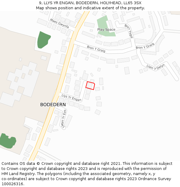 9, LLYS YR ENGAN, BODEDERN, HOLYHEAD, LL65 3SX: Location map and indicative extent of plot