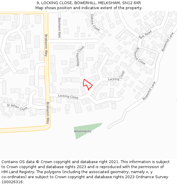 9, LOCKING CLOSE, BOWERHILL, MELKSHAM, SN12 6XR: Location map and indicative extent of plot
