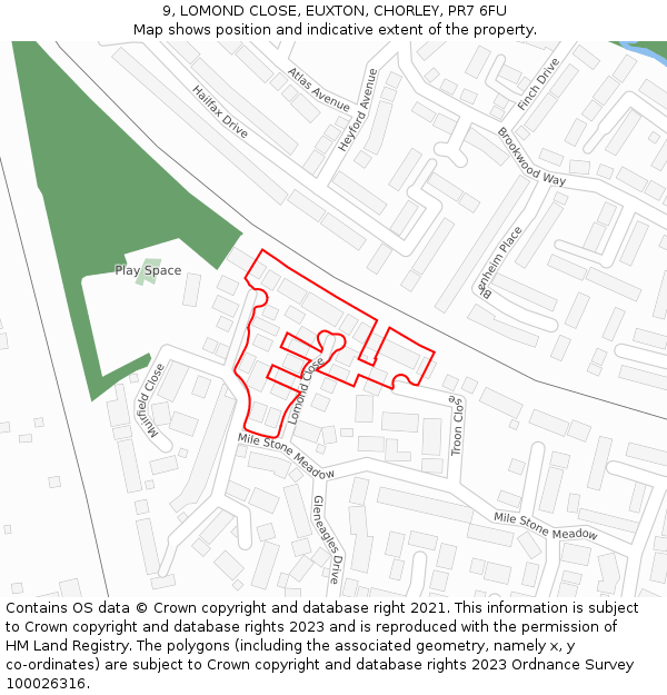 9, LOMOND CLOSE, EUXTON, CHORLEY, PR7 6FU: Location map and indicative extent of plot