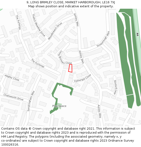 9, LONG BRIMLEY CLOSE, MARKET HARBOROUGH, LE16 7XJ: Location map and indicative extent of plot