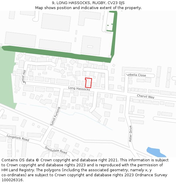 9, LONG HASSOCKS, RUGBY, CV23 0JS: Location map and indicative extent of plot