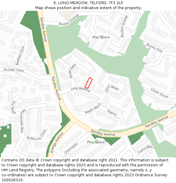 9, LONG MEADOW, TELFORD, TF3 2LP: Location map and indicative extent of plot