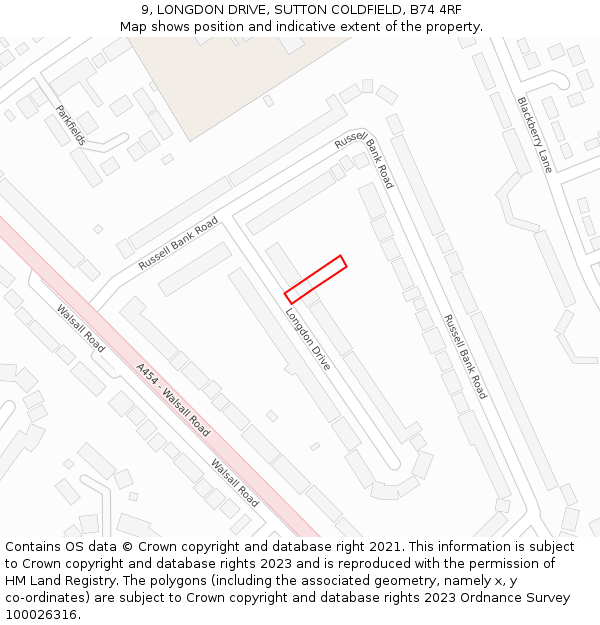 9, LONGDON DRIVE, SUTTON COLDFIELD, B74 4RF: Location map and indicative extent of plot