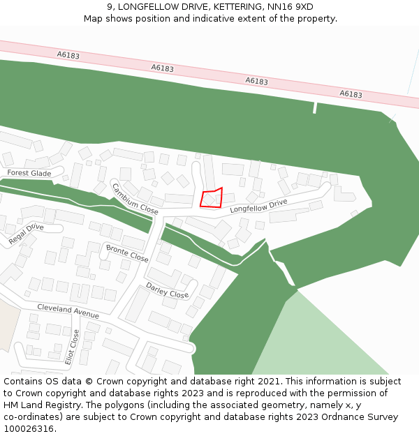 9, LONGFELLOW DRIVE, KETTERING, NN16 9XD: Location map and indicative extent of plot