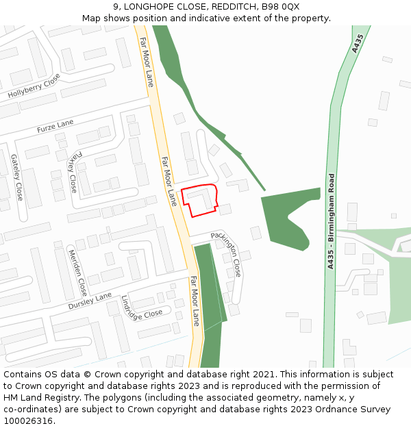 9, LONGHOPE CLOSE, REDDITCH, B98 0QX: Location map and indicative extent of plot