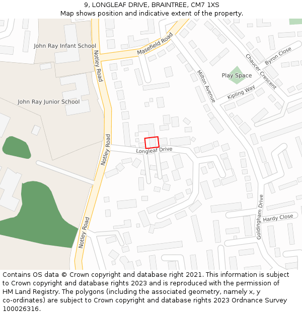 9, LONGLEAF DRIVE, BRAINTREE, CM7 1XS: Location map and indicative extent of plot