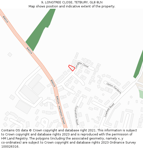 9, LONGTREE CLOSE, TETBURY, GL8 8LN: Location map and indicative extent of plot
