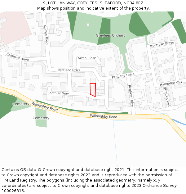 9, LOTHIAN WAY, GREYLEES, SLEAFORD, NG34 8FZ: Location map and indicative extent of plot