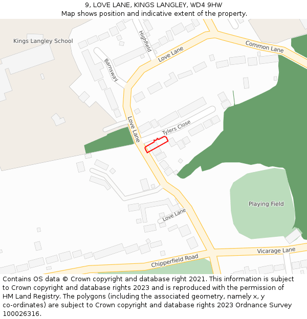 9, LOVE LANE, KINGS LANGLEY, WD4 9HW: Location map and indicative extent of plot