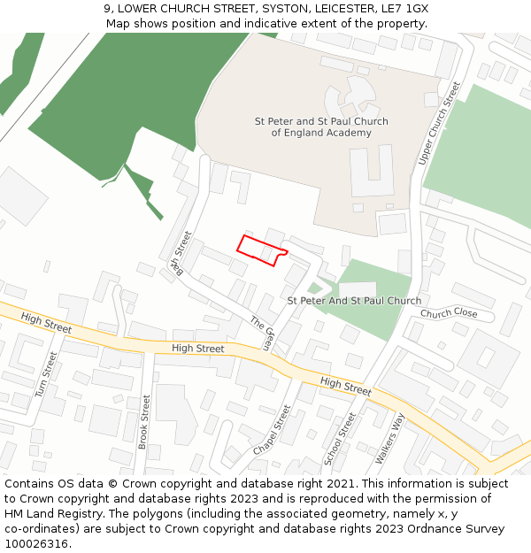 9, LOWER CHURCH STREET, SYSTON, LEICESTER, LE7 1GX: Location map and indicative extent of plot