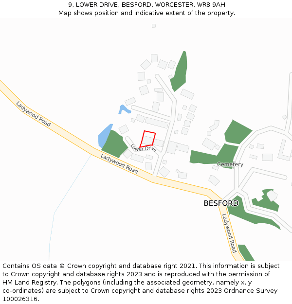 9, LOWER DRIVE, BESFORD, WORCESTER, WR8 9AH: Location map and indicative extent of plot