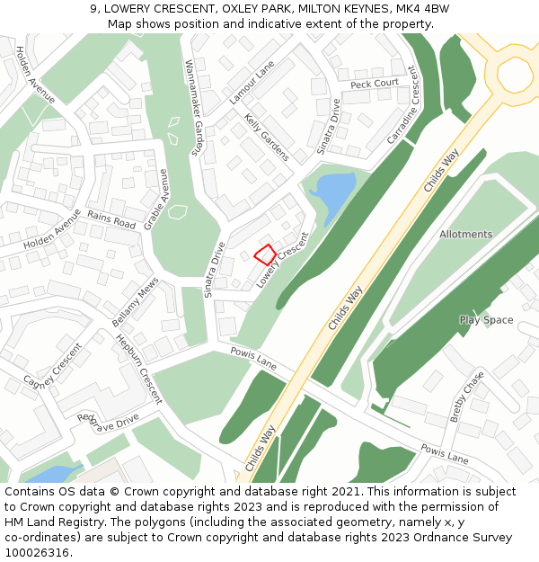 9, LOWERY CRESCENT, OXLEY PARK, MILTON KEYNES, MK4 4BW: Location map and indicative extent of plot