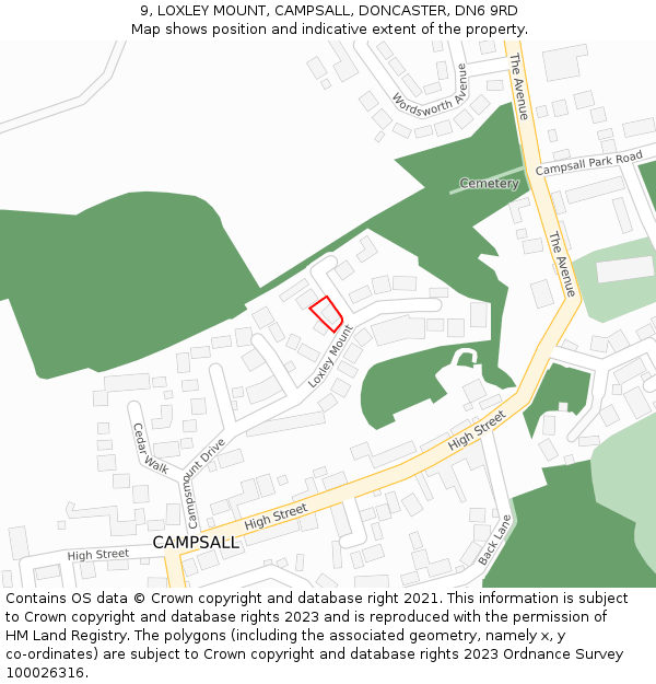 9, LOXLEY MOUNT, CAMPSALL, DONCASTER, DN6 9RD: Location map and indicative extent of plot