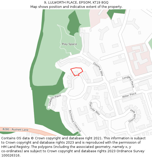 9, LULWORTH PLACE, EPSOM, KT19 8GQ: Location map and indicative extent of plot