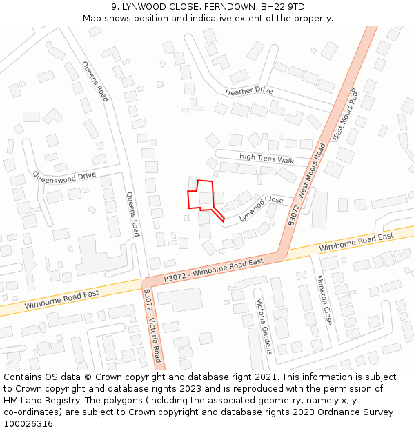 9, LYNWOOD CLOSE, FERNDOWN, BH22 9TD: Location map and indicative extent of plot