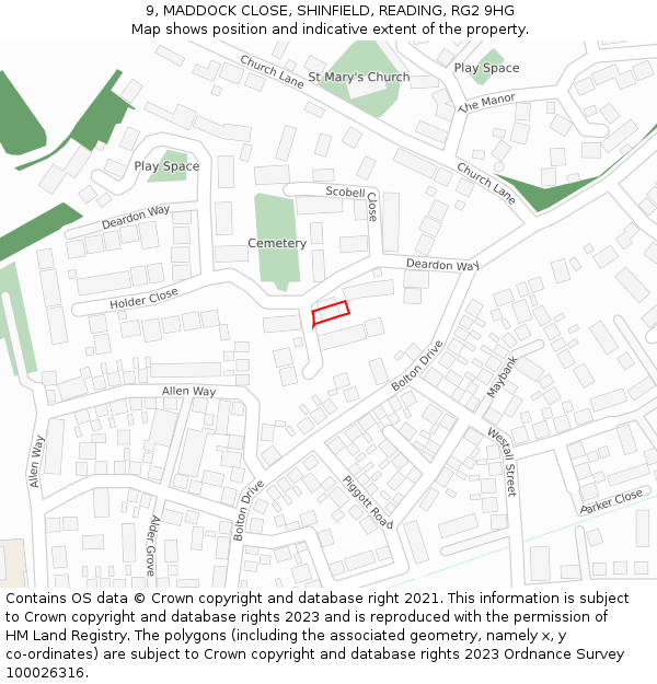 9, MADDOCK CLOSE, SHINFIELD, READING, RG2 9HG: Location map and indicative extent of plot