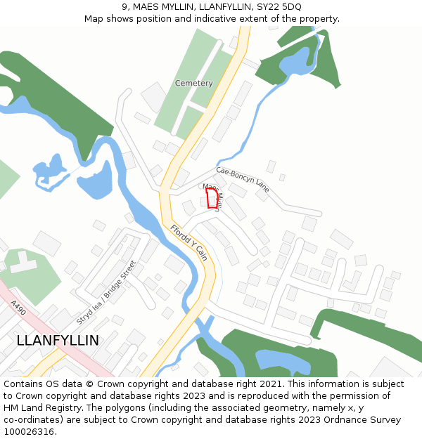 9, MAES MYLLIN, LLANFYLLIN, SY22 5DQ: Location map and indicative extent of plot