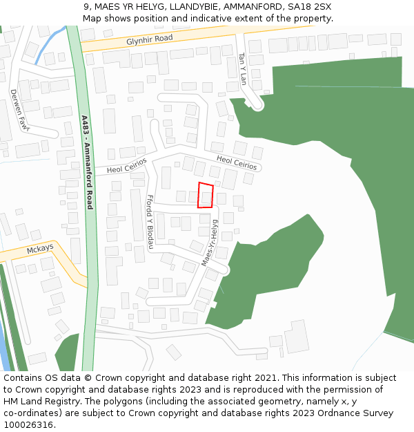 9, MAES YR HELYG, LLANDYBIE, AMMANFORD, SA18 2SX: Location map and indicative extent of plot