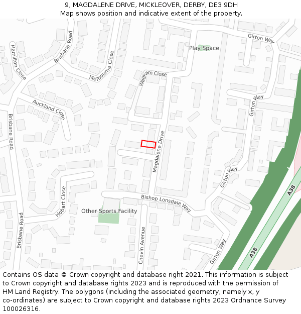 9, MAGDALENE DRIVE, MICKLEOVER, DERBY, DE3 9DH: Location map and indicative extent of plot