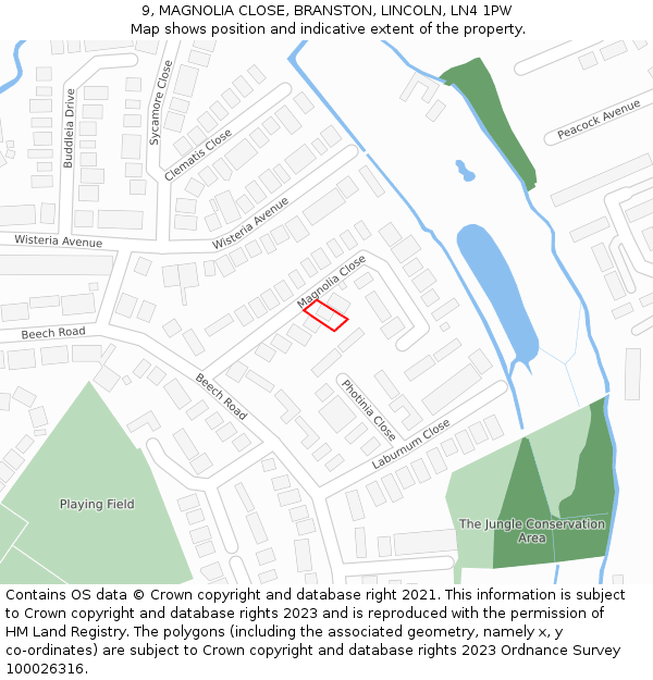 9, MAGNOLIA CLOSE, BRANSTON, LINCOLN, LN4 1PW: Location map and indicative extent of plot