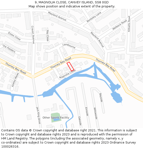 9, MAGNOLIA CLOSE, CANVEY ISLAND, SS8 0GD: Location map and indicative extent of plot
