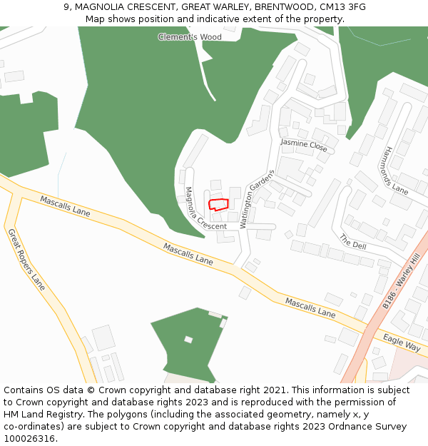 9, MAGNOLIA CRESCENT, GREAT WARLEY, BRENTWOOD, CM13 3FG: Location map and indicative extent of plot