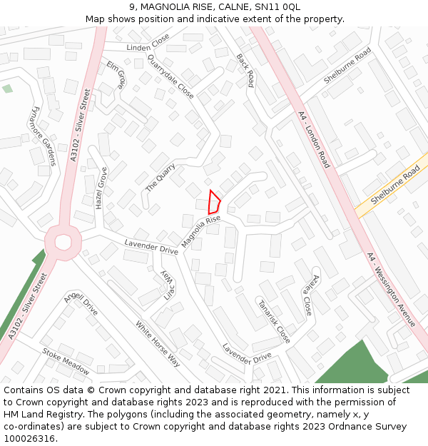 9, MAGNOLIA RISE, CALNE, SN11 0QL: Location map and indicative extent of plot