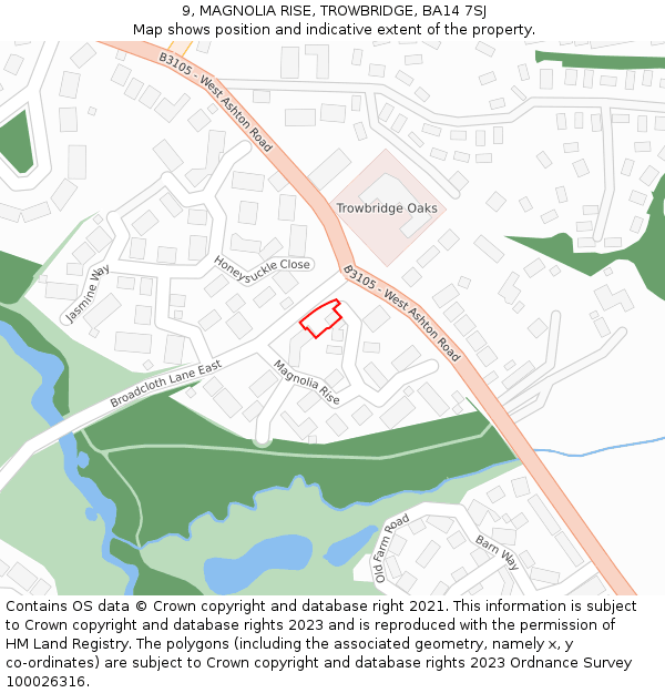 9, MAGNOLIA RISE, TROWBRIDGE, BA14 7SJ: Location map and indicative extent of plot