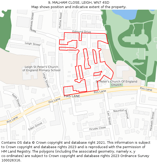 9, MALHAM CLOSE, LEIGH, WN7 4SD: Location map and indicative extent of plot