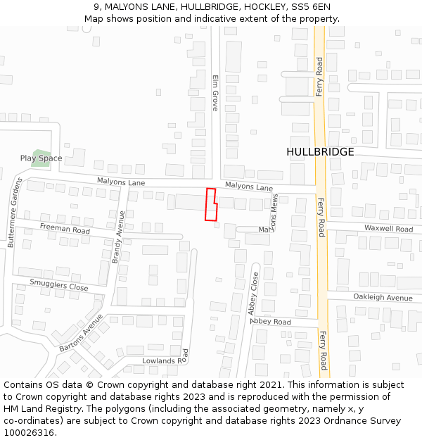 9, MALYONS LANE, HULLBRIDGE, HOCKLEY, SS5 6EN: Location map and indicative extent of plot