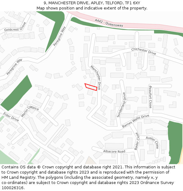 9, MANCHESTER DRIVE, APLEY, TELFORD, TF1 6XY: Location map and indicative extent of plot