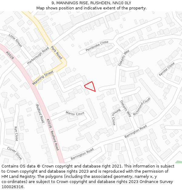 9, MANNINGS RISE, RUSHDEN, NN10 0LY: Location map and indicative extent of plot