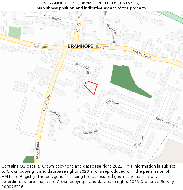 9, MANOR CLOSE, BRAMHOPE, LEEDS, LS16 9HQ: Location map and indicative extent of plot