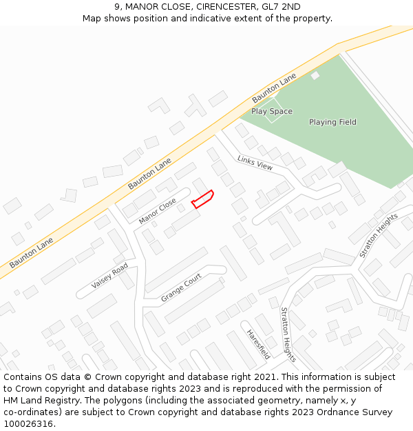 9, MANOR CLOSE, CIRENCESTER, GL7 2ND: Location map and indicative extent of plot