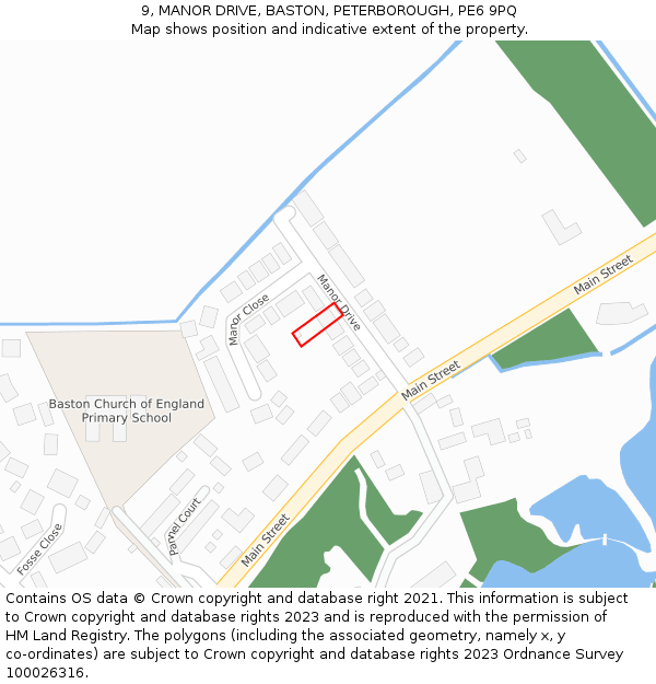 9, MANOR DRIVE, BASTON, PETERBOROUGH, PE6 9PQ: Location map and indicative extent of plot