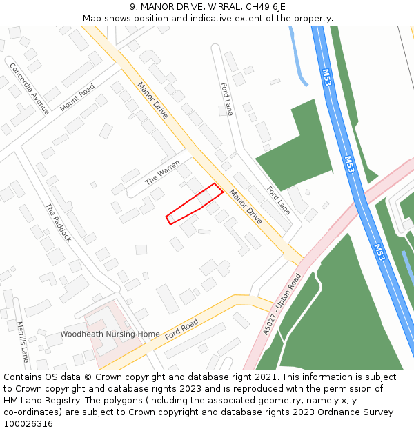 9, MANOR DRIVE, WIRRAL, CH49 6JE: Location map and indicative extent of plot