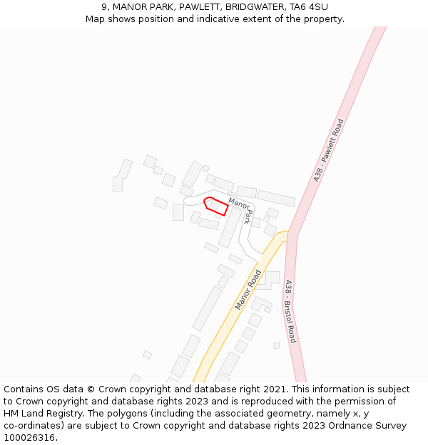 9, MANOR PARK, PAWLETT, BRIDGWATER, TA6 4SU: Location map and indicative extent of plot