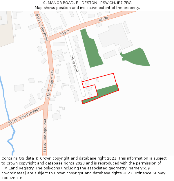 9, MANOR ROAD, BILDESTON, IPSWICH, IP7 7BG: Location map and indicative extent of plot