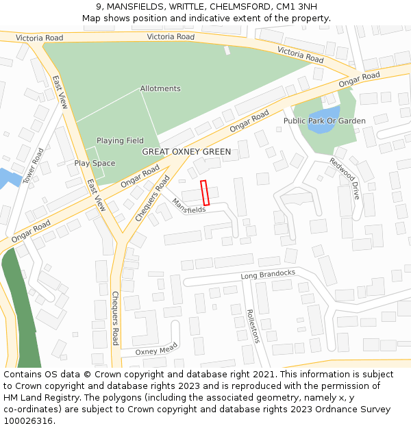 9, MANSFIELDS, WRITTLE, CHELMSFORD, CM1 3NH: Location map and indicative extent of plot