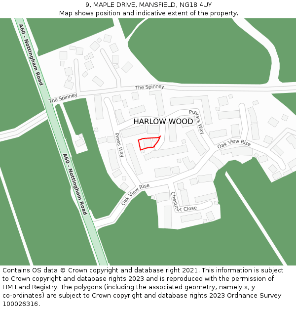 9, MAPLE DRIVE, MANSFIELD, NG18 4UY: Location map and indicative extent of plot