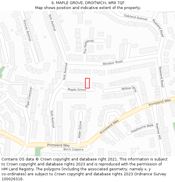 9, MAPLE GROVE, DROITWICH, WR9 7QF: Location map and indicative extent of plot