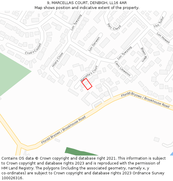 9, MARCELLAS COURT, DENBIGH, LL16 4AR: Location map and indicative extent of plot