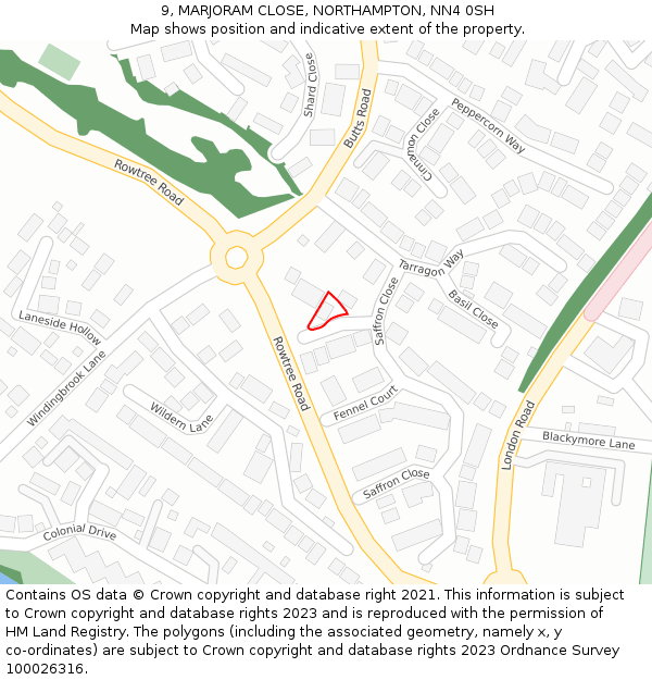 9, MARJORAM CLOSE, NORTHAMPTON, NN4 0SH: Location map and indicative extent of plot