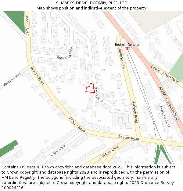 9, MARKS DRIVE, BODMIN, PL31 1BD: Location map and indicative extent of plot