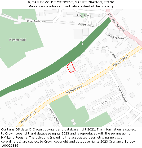 9, MARLEY MOUNT CRESCENT, MARKET DRAYTON, TF9 3PJ: Location map and indicative extent of plot