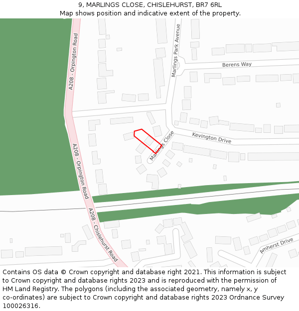 9, MARLINGS CLOSE, CHISLEHURST, BR7 6RL: Location map and indicative extent of plot