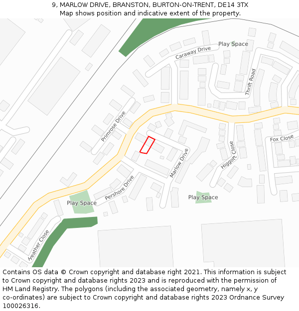 9, MARLOW DRIVE, BRANSTON, BURTON-ON-TRENT, DE14 3TX: Location map and indicative extent of plot