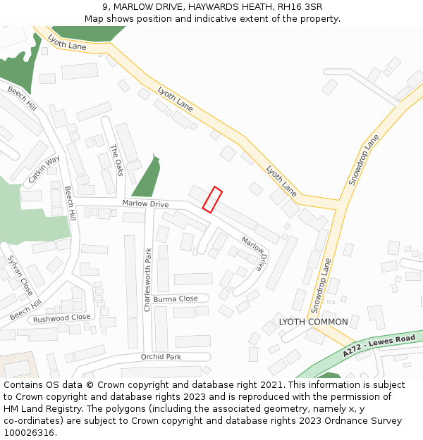 9, MARLOW DRIVE, HAYWARDS HEATH, RH16 3SR: Location map and indicative extent of plot