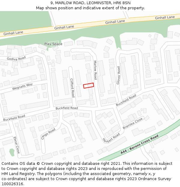 9, MARLOW ROAD, LEOMINSTER, HR6 8SN: Location map and indicative extent of plot