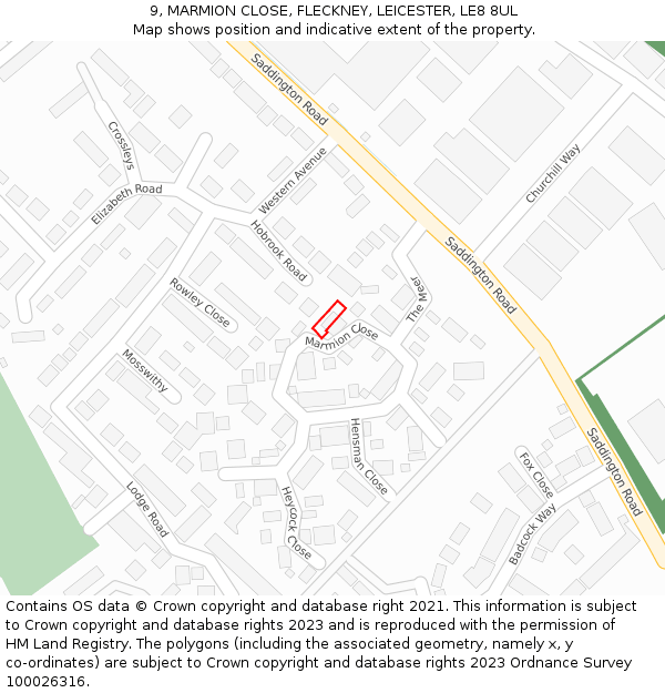 9, MARMION CLOSE, FLECKNEY, LEICESTER, LE8 8UL: Location map and indicative extent of plot